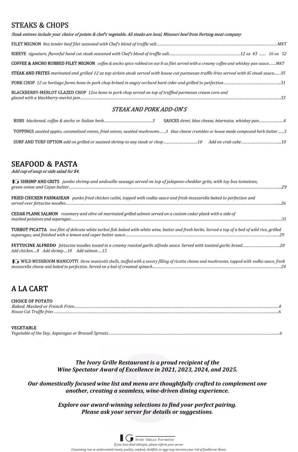 Ivory Grille Restaurant Dinner Menu Page 2